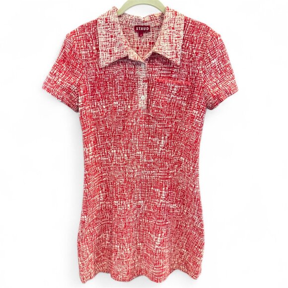 STAUD Flying Crosshatch Polo Mini Dress Red Textured Knit Collared Retro Mod 4 - Picture 2 of 11